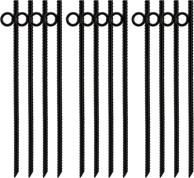 ZOOFOX 12 Pack 17 Inch Black Ground Anchor, Heavy Duty Steel Rebar Stakes with Loop, Reusable Tent Stakes for Outdoor Camping