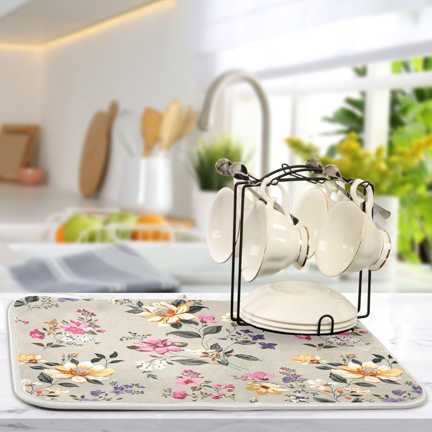 Vintage Flowers Leaves Dish Drying Mat for Kitchen Counter Absorbent Microfiber Drying Pad, Medium 16x18 in, Reversible Drainer Mats