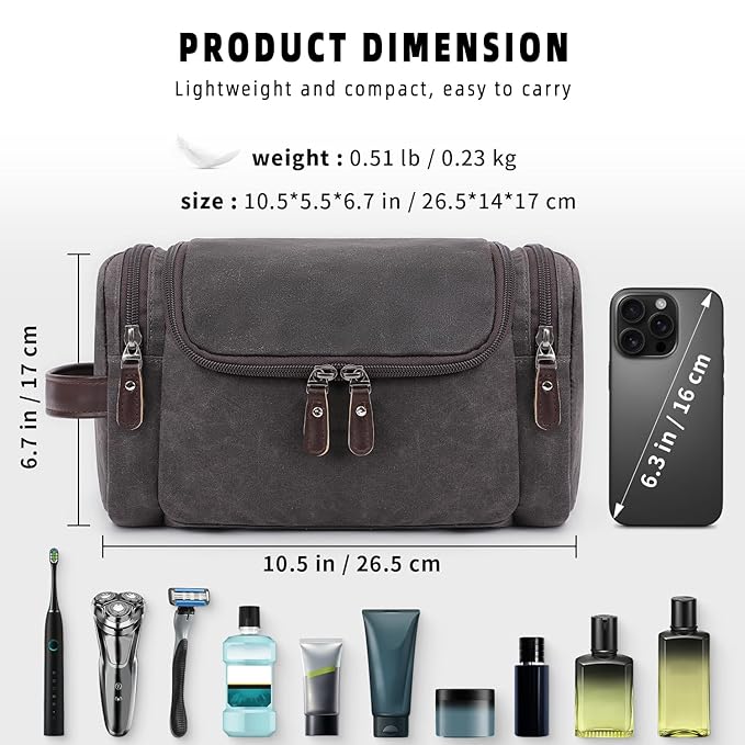 ZOMFELT Travel Toiletry Bag for Men, Travel Essentials Shaving Dopp Kit, Canvas Mens Toiletry Travel Bag, Water Resistant Cosmetic Bag for Toiletries Accessories, Dark Grey