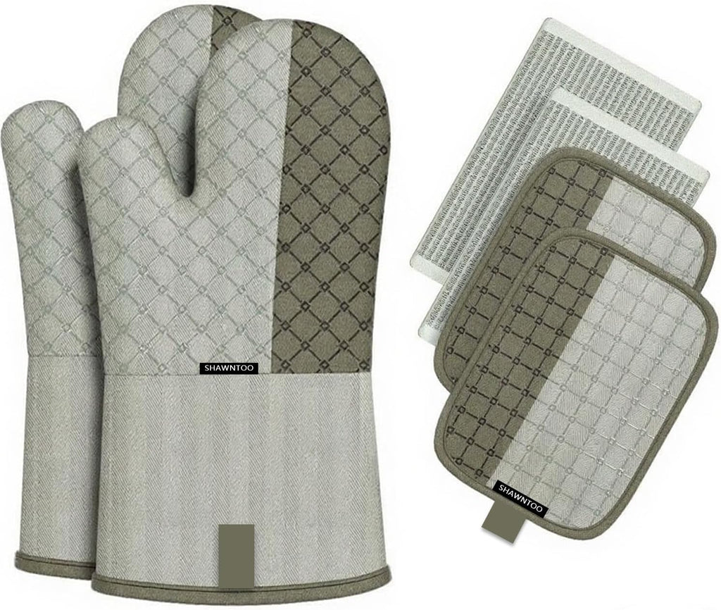 Oven Mitts and Pot Holders Sets 6pcs, Kitchen Oven Glove,High Heat Resistant 550 Degree Extra Long Oven Mitts and Potholders with Non-Slip Silicone Surface for Home Essentials (Grey) (Pistachio Green)
