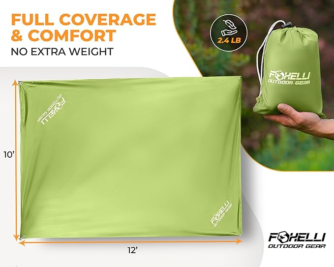 Foxelli Camping Tarp - 12x10ft Waterproof Rain Tarp, Lightweight Backpacking Rainfly Shelter with Included Extra Long Guy Lines & Stakes