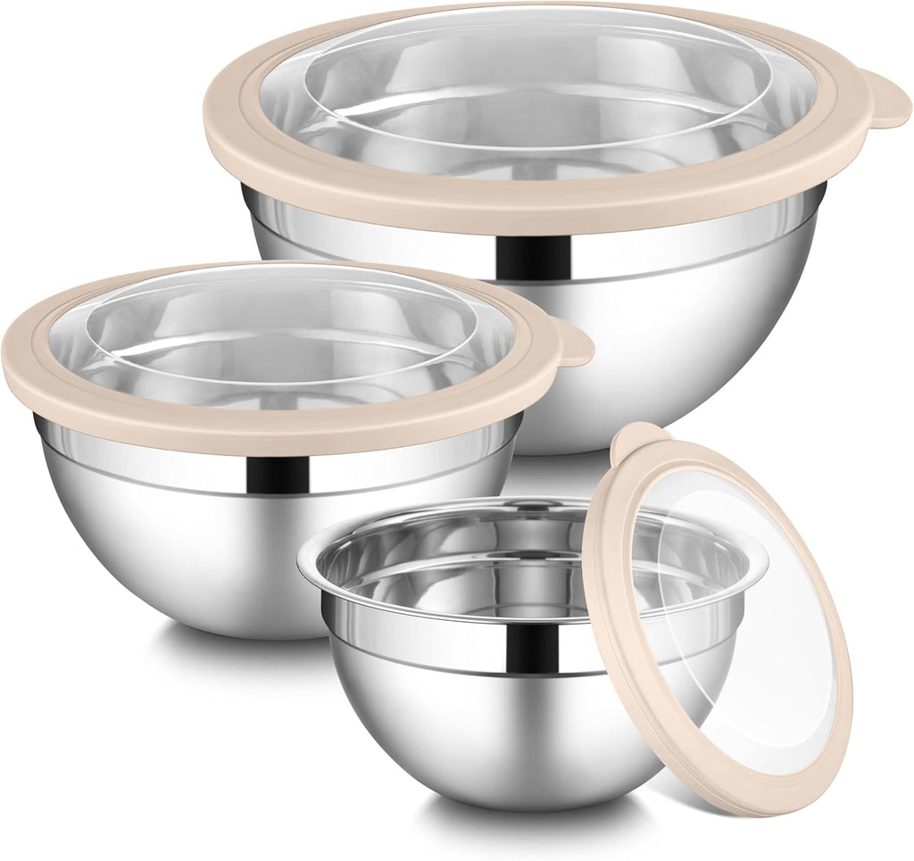 LIANYU Mixing Bowls with Visible Airtight Lids, 3Pcs Stainless Steel Large Metal Nesting Kitchen Bowls Set, 4.6 & 3 & 1.5QT Size Ideal for Mixing, Baking, Serving, Dishwasher & Freezer Safe, Khaki