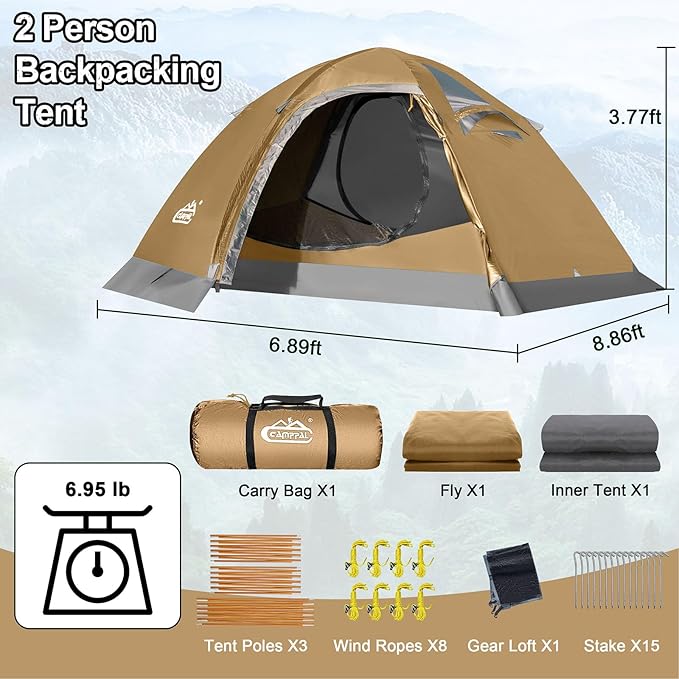 2 Person Backpacking Tent, Waterproof 4 Season Tent, Windproof Cold Weather Winter Tent for Camping, Hiking, Hunting, Cycling