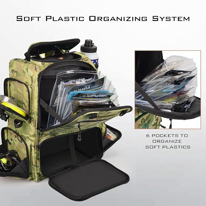 KastKing Bait Boss Fishing Tackle Backpack with Rod Holders-4 Tackle Boxes-Rain Cover,43L Large Storage for Fishing Gear