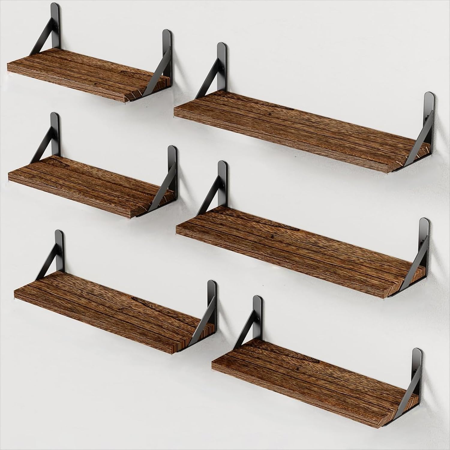 AMADA HOMEFURNISHING Wall Shelves Set of 6, Rustic Farmhouse Floating Shelves for Bedroom, Bathroom & Living Room, Brown Wood