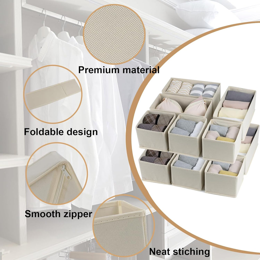 Set of 12 Drawer Organizer, Fabric Closet Organizer and Storage Baskets,Foldable Drawer Divider for Clothing,Sock,Ties,Underwear Drawer Organizers,Set of Cabinet Storage Boxes (Beige)