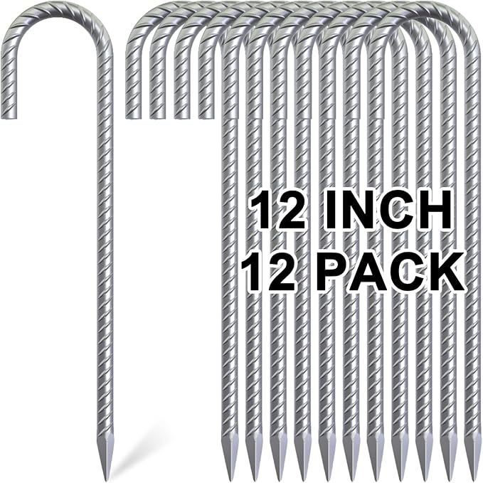 Rebar Stakes 12 inch, 5/16" Diameter Heavy Duty J Hook Stakes 12 Pack, Galvanized Anti-Rust Ground Anchor Long Tent Stakes for Dog Fence Trompoline Swing Set
