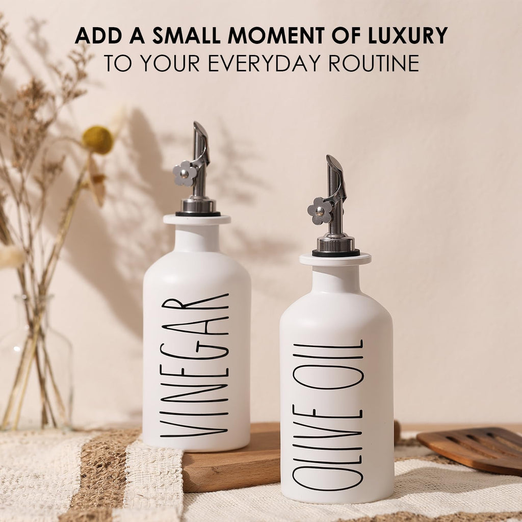 HOMCDALY Premium Olive Oil Dispenser for Kitchen, 11.8oz Glass Oil Bottles with Bamboo Tray, White Oil&Vinegar Cruet Set, Kitchen Dispenser Bottles with Pourer| Set of 2 (11.8oz –P–White)