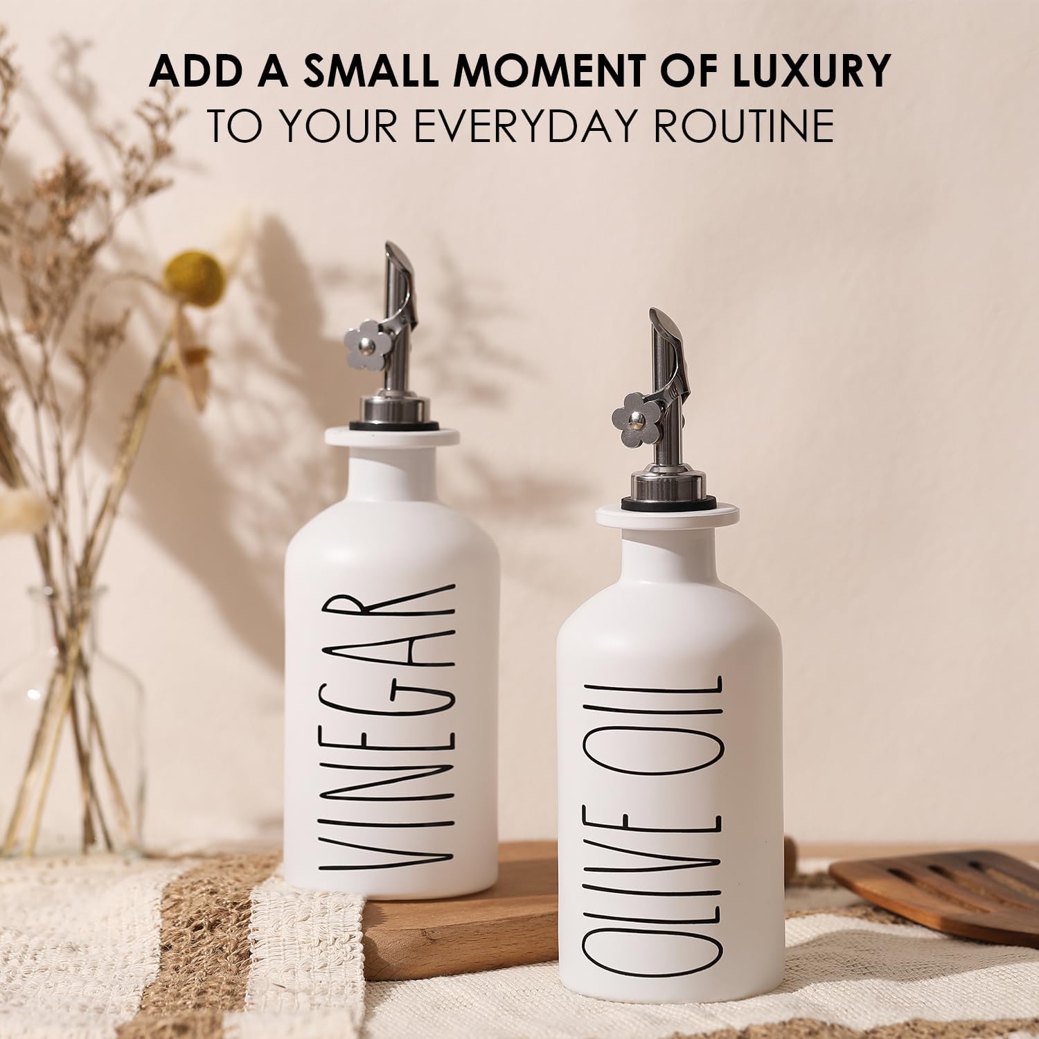 HOMCDALY Premium Olive Oil Dispenser for Kitchen, 11.8oz Glass Oil Bottles with Bamboo Tray, White Oil&Vinegar Cruet Set, Kitchen Dispenser Bottles with Pourer| Set of 2 (11.8oz –P–White)