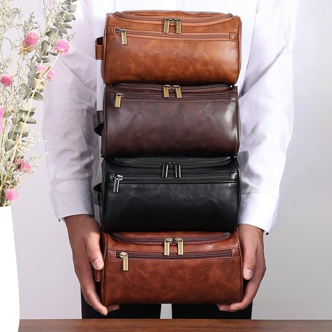 Toiletry Bag for Men, Hanging Travel Shaving Dopp Kit for Men and Women, Water-resistant Toiletries Organizer Bags, PU Leather Cosmetic Bags for Makeup Accessories (Dark Coffee)
