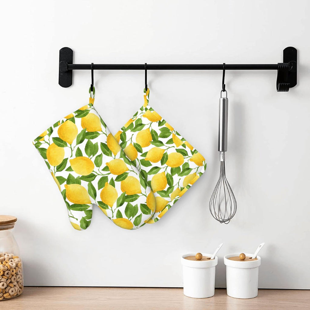 Lemon Oven Mitts and Pot Holders Sets of 4,Resistant Hot Pads with Silicone Non-Slip BBQ Gloves for Kitchen,Cooking,Baking,Grilling