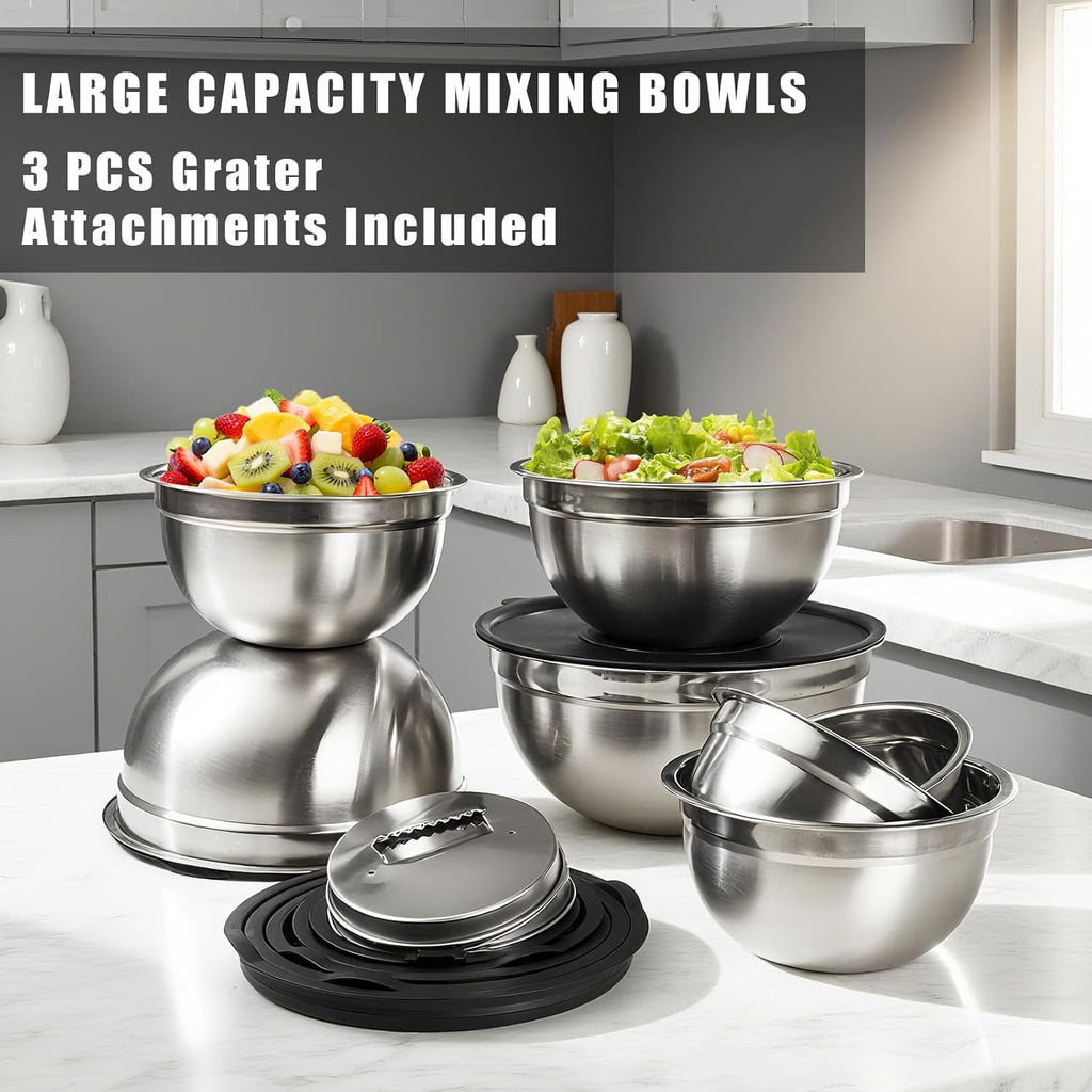 Lazycorner Stainless Steel Mixing Bowls with Airtight Lids Set of 7 Stainless Steel Bowls Set with 3 Grater Attachments Great for Serving & Baking