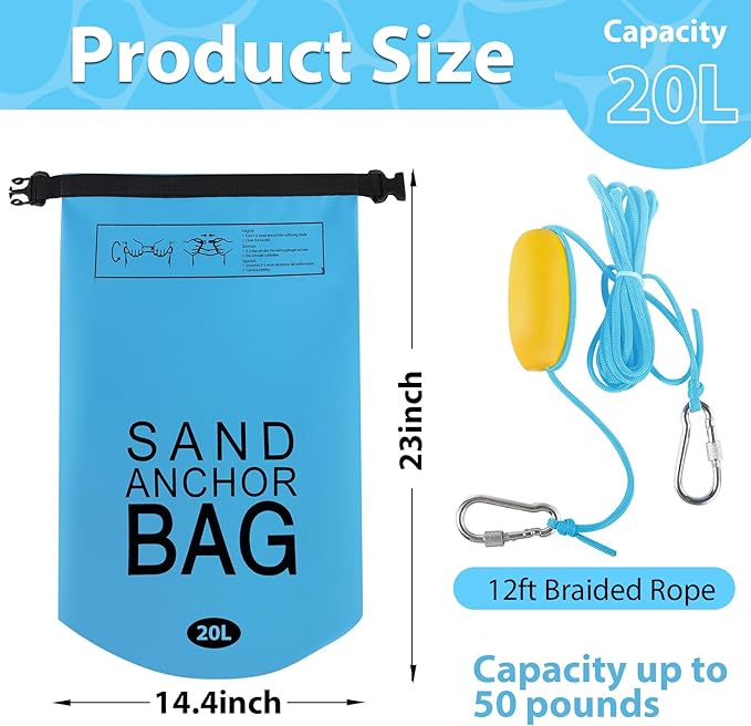 20L Sand Anchor Bag, 2 in 1 Jet Ski Anchor Kit for Float with Adjustable Buoy, Waterproof Dry Bag for Jetski, Kayak, Boat, Water Sports - Blue