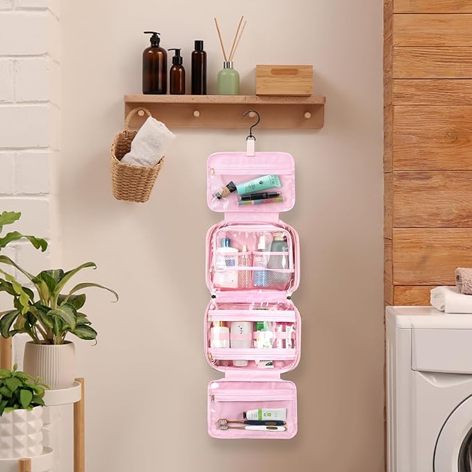 Voova Hanging Travel Toiletry Bag for Women Men, Waterproof Makeup Cosmetic Organizer Holder for Toiletries Accessories, Traveling Essentials,Shampoo,Full-Sized Container, Brushes Kit Set, Pink