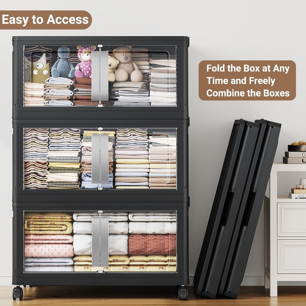 800QT Stackable Storage Bins with Lids, 200Gal Extra Large Collapsible Storage Box with Wheel, Plastic Storages with Clear Door Open Front for Home Living Room Garage, Black-5pack(5 lids)