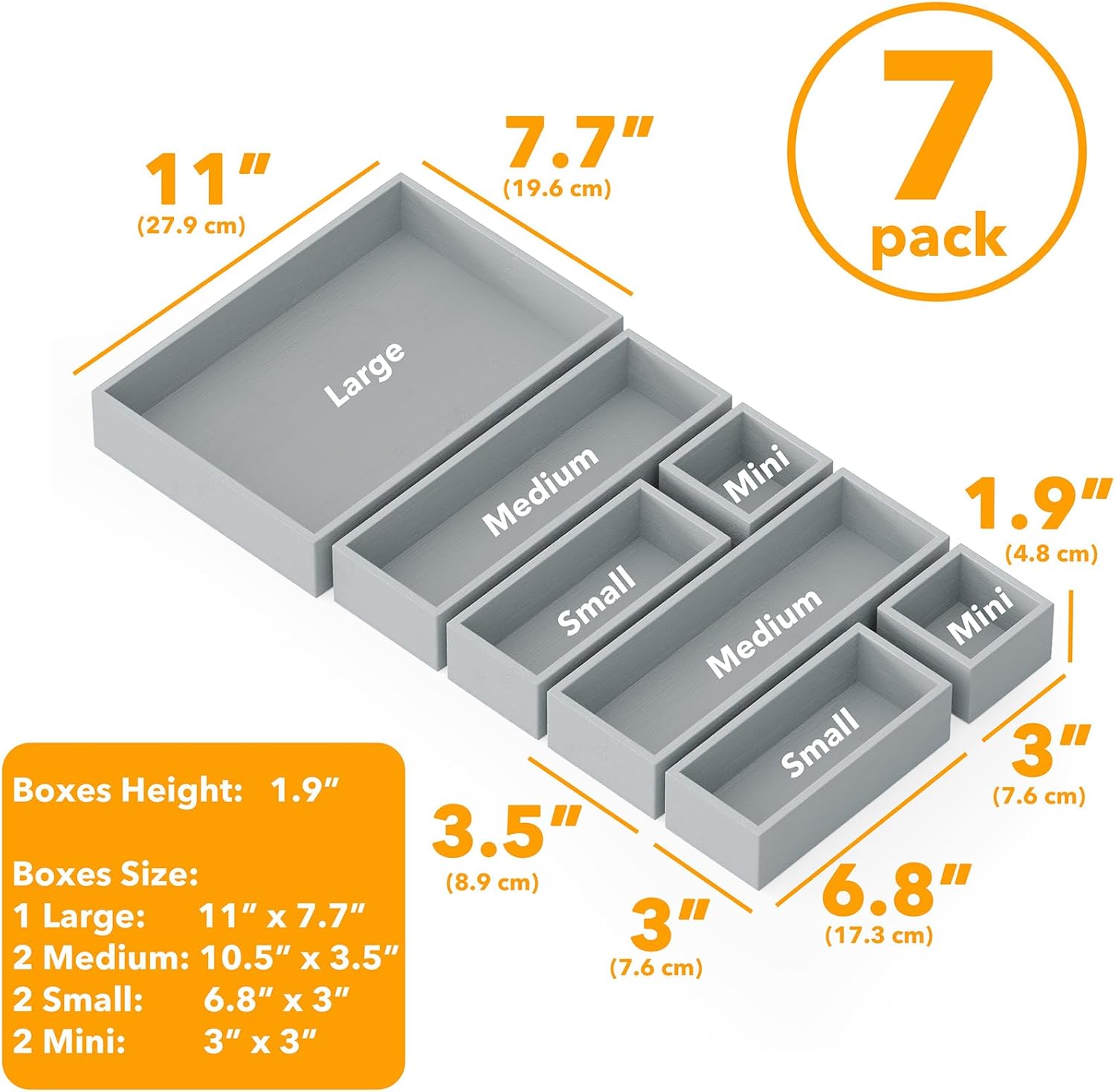 SpaceAid 7-Piece Bamboo Drawer Organizer Storage Boxes Set, Wood Tray Junk Drawer Organizers Multi-Use Divider Bins for Kitchen, Bathroom, Office Desk and Makeup Organization (7 Pack, Gray)