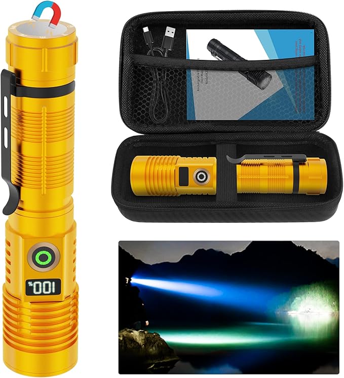 Rechargeable Flashlight High Lumens-12000LM Super Bright Magnetic Flash Light with Power Digital Display,3280Ft Long Range,Dimmable,Waterproof,Pocket Tactical LED Flashlights for Emergency,Gold 1PC