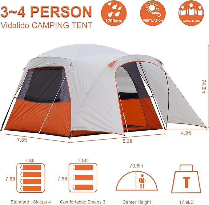 Vidalido 3-4 Person Tent with 1 Mesh Door and 2 Large Mesh Window, Double Layer Waterproof Portable Family Cabin Tent, 4 Person Tents for Outdoor Camping Hiking