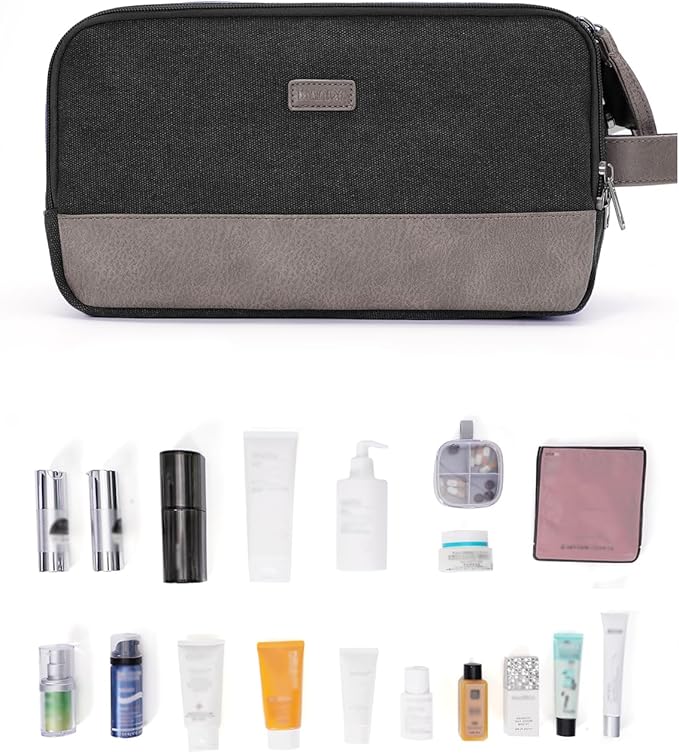 WANDF Toiletry Bag for Men Travel Toiletry Organizer Canvas and Leather Dopp Kit Water-Resistant Shaving Bag for Travel Accessories (Black, Patent Pending)