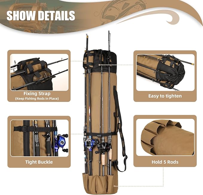 Wowelife Fishing Rod Carrier - Pole Bag Reel Organizer Case Storage for Gear, Travel - Gifts for Men, Family