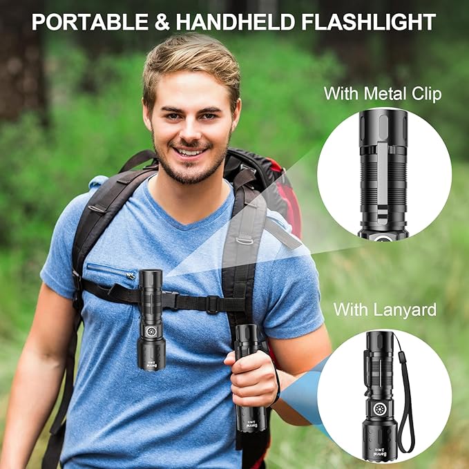 Banral Flashlights 20,000 High Lumens Rechargeable, 1500M Long Throw Super Bright LED Small Powerful Flashlight with Memory Function, 6Modes Pocket Waterproof Flash Light for Camping,Hiking (1, Black)