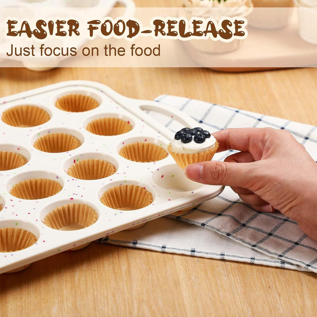 2 Silicone Muffin Pans for Baking with 200 Mini Cupcake Liners, Back to School 1st First Day of School Kitchen Dorm Room Bakeware Supplies, Muffin Tin(24-Cup Mini)