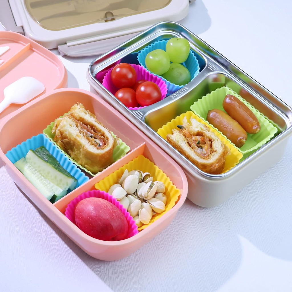 24Pack Silicone Muffin Cups, Reusable Cupcake Liners Molds for Baking, 3 Shapes Lunch Box Bento Dividers-Round, Square, and Rectangular (Colorsful, Large Size)