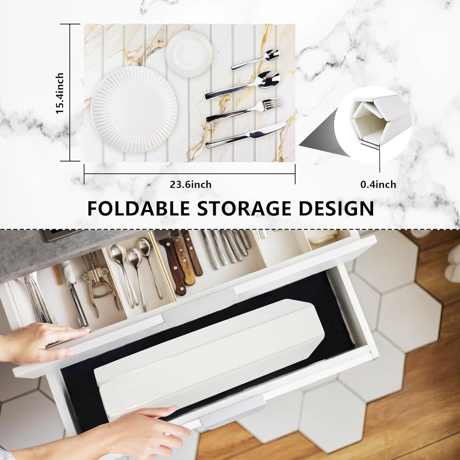 Large Stone Drying Mat for Kitchen Counter Diatomaceous Earth Collapsible 24”（L）*16”（W）Super Heat Resistant Mats, Quick Absorbent Dish Drying Rack（Gold marble）