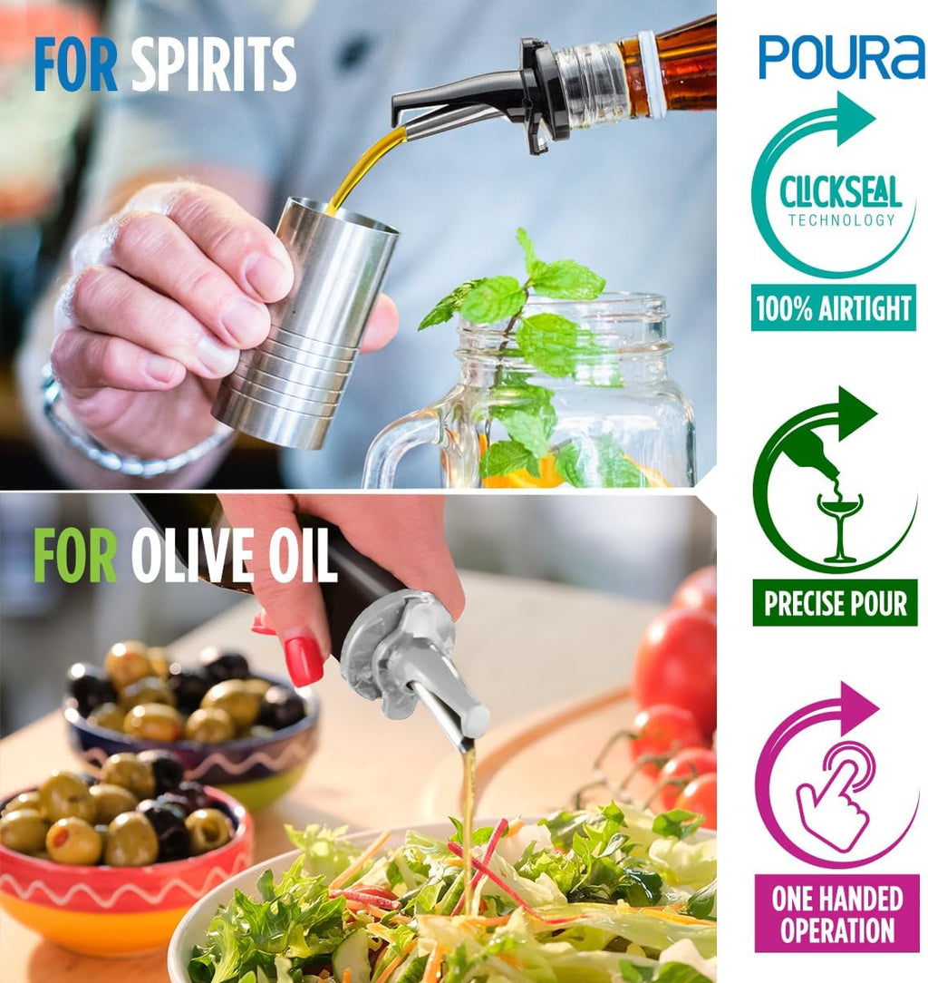 3-in-1 Liquor Pour spout with Built-in Fruit Fly Protection - Dishwasher Safe Hygienic Alcohol Speed Spouts - Also for Olive Oil, Juice, Syrup. Silver 2 Pack