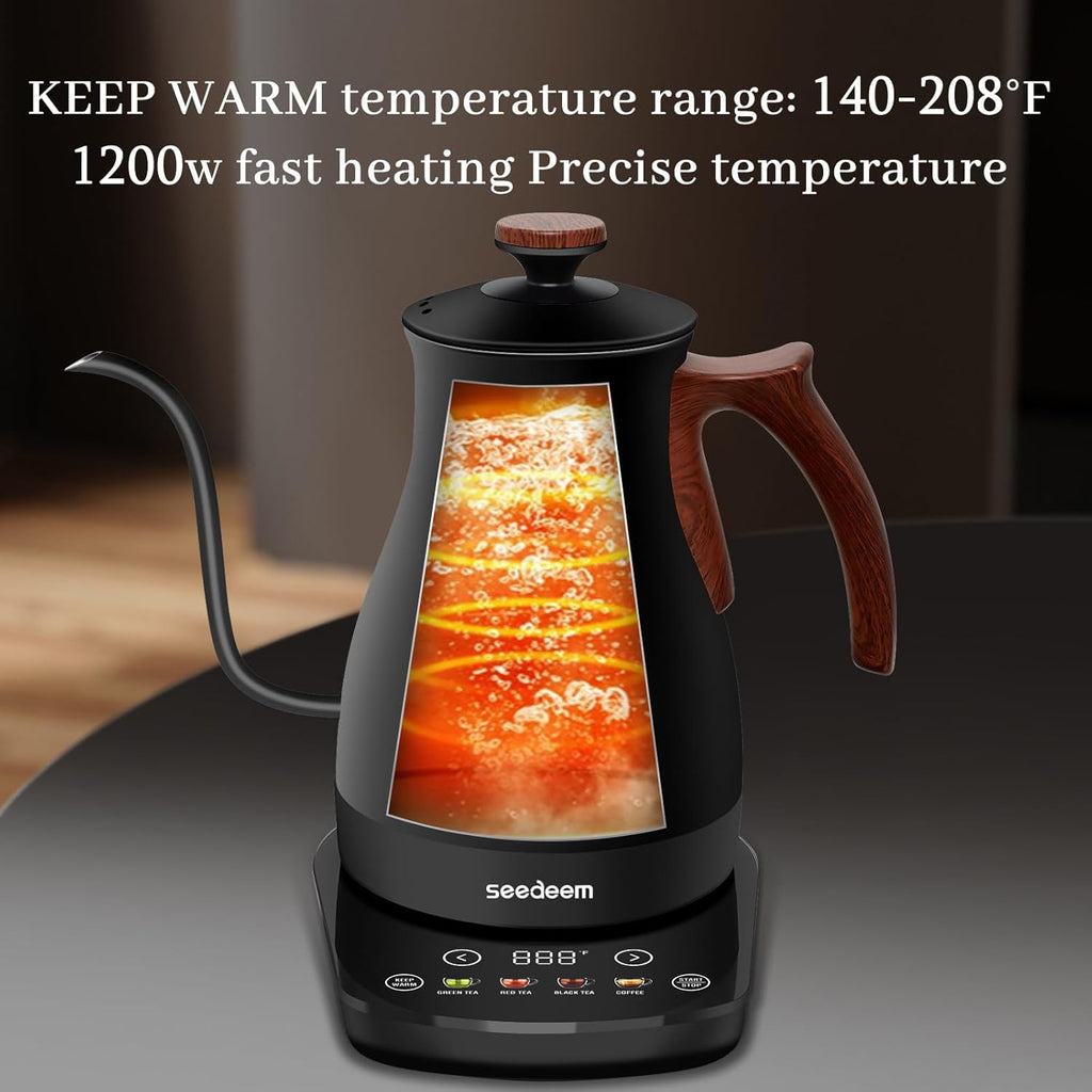SEEDEEM Gooseneck Electric Kettle Full Touch Screen 1200W Electric Tea & Coffee Kettle with Four Heating Modes Rapid Heating,±1℉ Temperature Control，Keep Warm Mode,1L Electric kettle