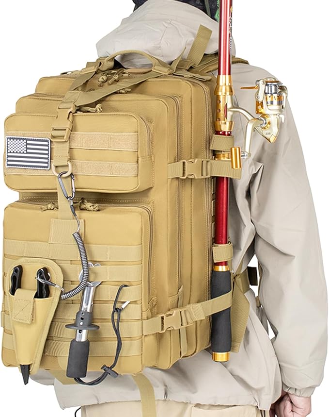 45l Large Fishing Tackle Backpack with Removable Plier Holder & Rod Holders, Khaki Tactical Bag, Fishing Gear and Tackle Box Organizer, Hiking Rucksack without Tackle Box