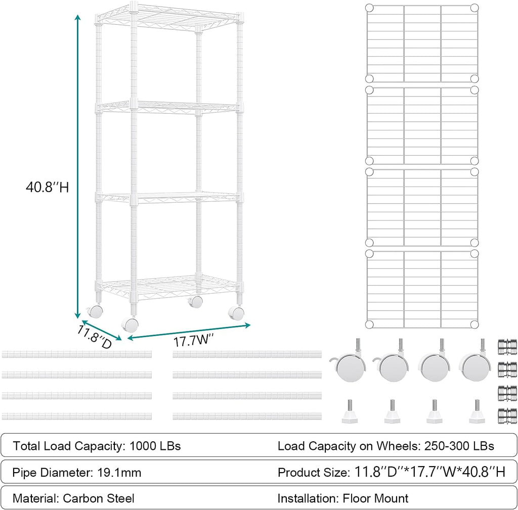 1000 lbs 4-Shelf Adjustable Heavy Duty Steel Wire Rack, Adjustable Storage Shelving Unit with Wheel for Kitchen, Garage, Laundry White 11.8" D x 17.7" W x 40.8" H