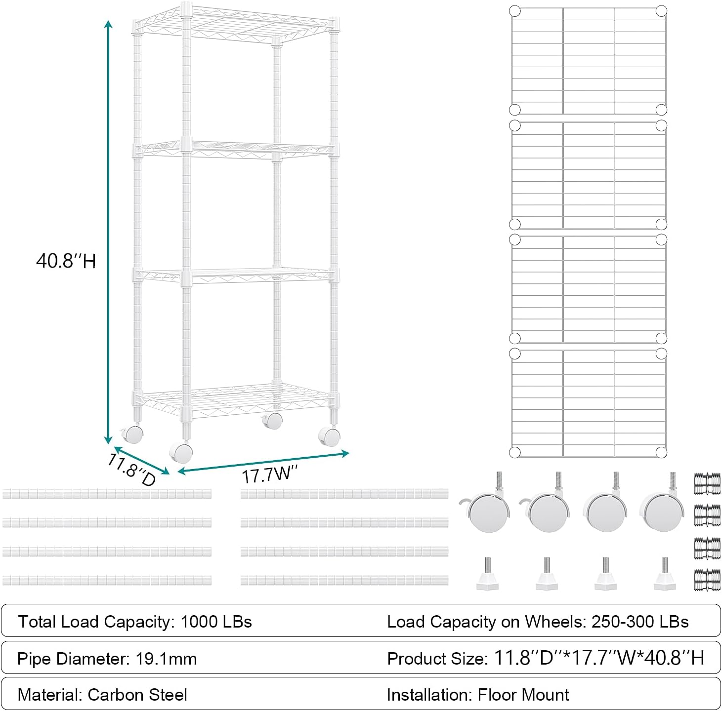 1000 lbs 4-Shelf Adjustable Heavy Duty Steel Wire Rack, Adjustable Storage Shelving Unit with Wheel for Kitchen, Garage, Laundry White 11.8" D x 17.7" W x 40.8" H