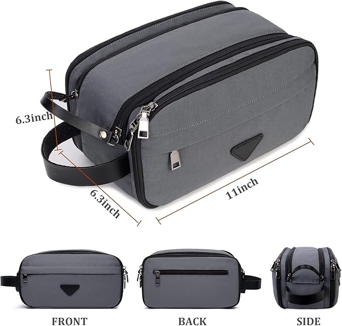 Mens Toiletry Bag Travel Leather Toiletry Organizer Dopp Kit for Men Water-resistant Shaving Bag for Bathroom (Grey)