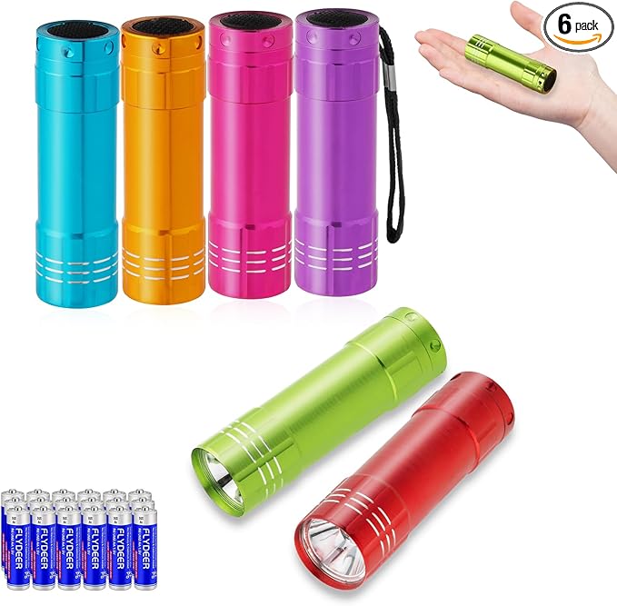 KunHe 6 Pack Party Favors Mini Small Led Aluminum Flashlight Bulk with Lanyard 3AAA Battery Included for Kids Flashlights for Camping Power Outage Emergency Night Reading