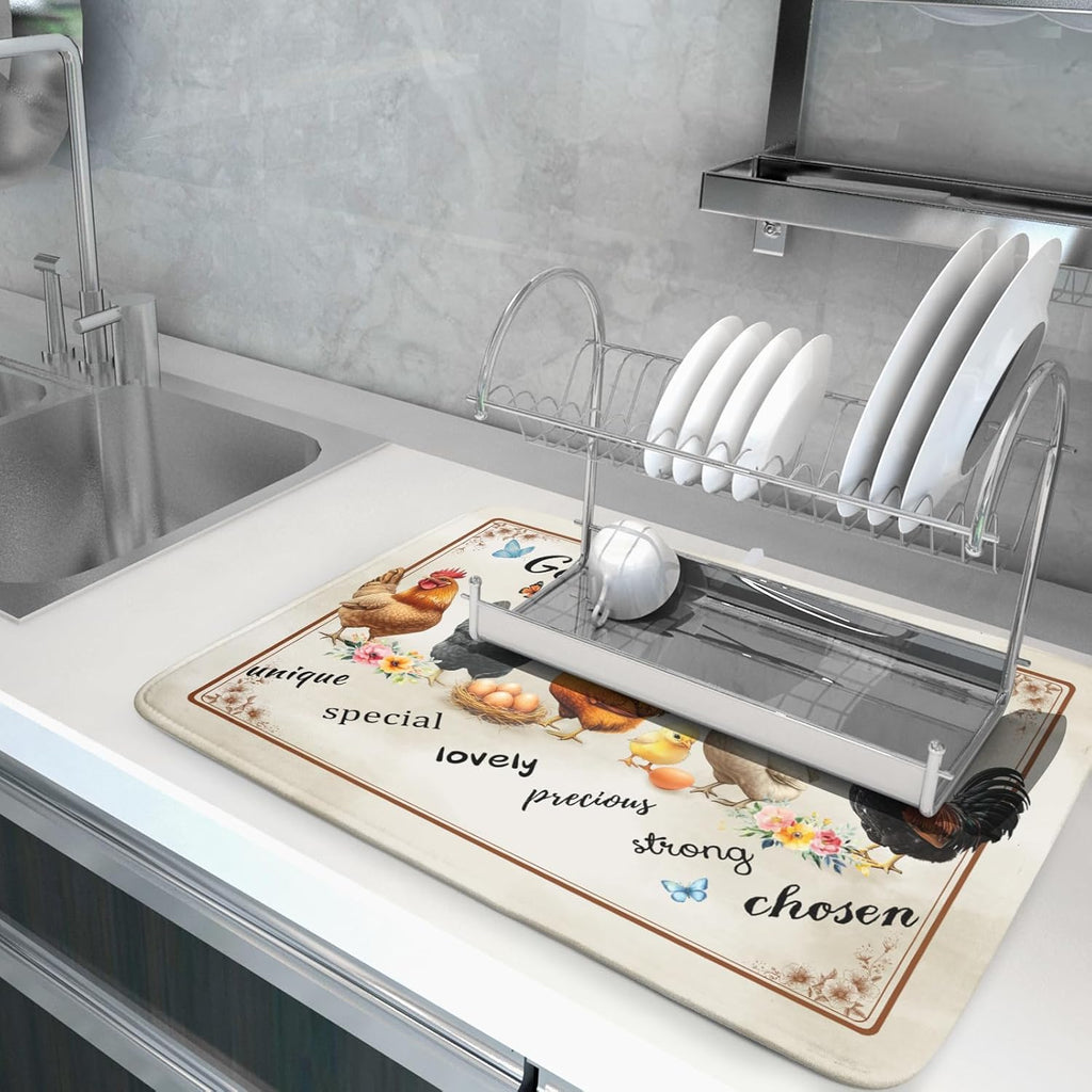 Farmhouse Rooster Dish Drying Mat - Vintage Chicken Absorbent Microfiber Dish Drying Pad for Kitchen Coffee Bar