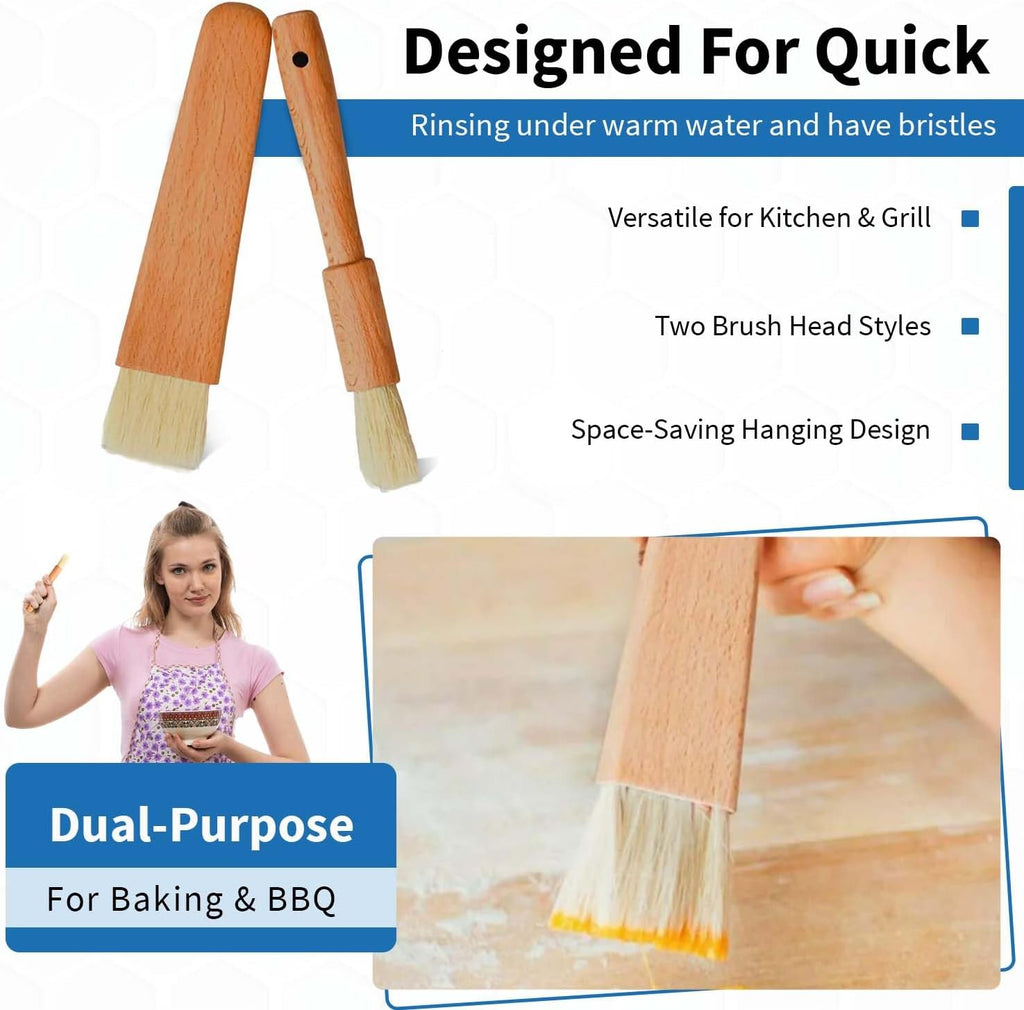 ANGEL’S PEEL LOUNGE Pastry Brush for Baking - Basting Brush with Wooden Handle Flat and Round Heads - Food Brushes for Cooking - Best for BBQ, Egg, Butter, Oil and Sauce – 2 PCS