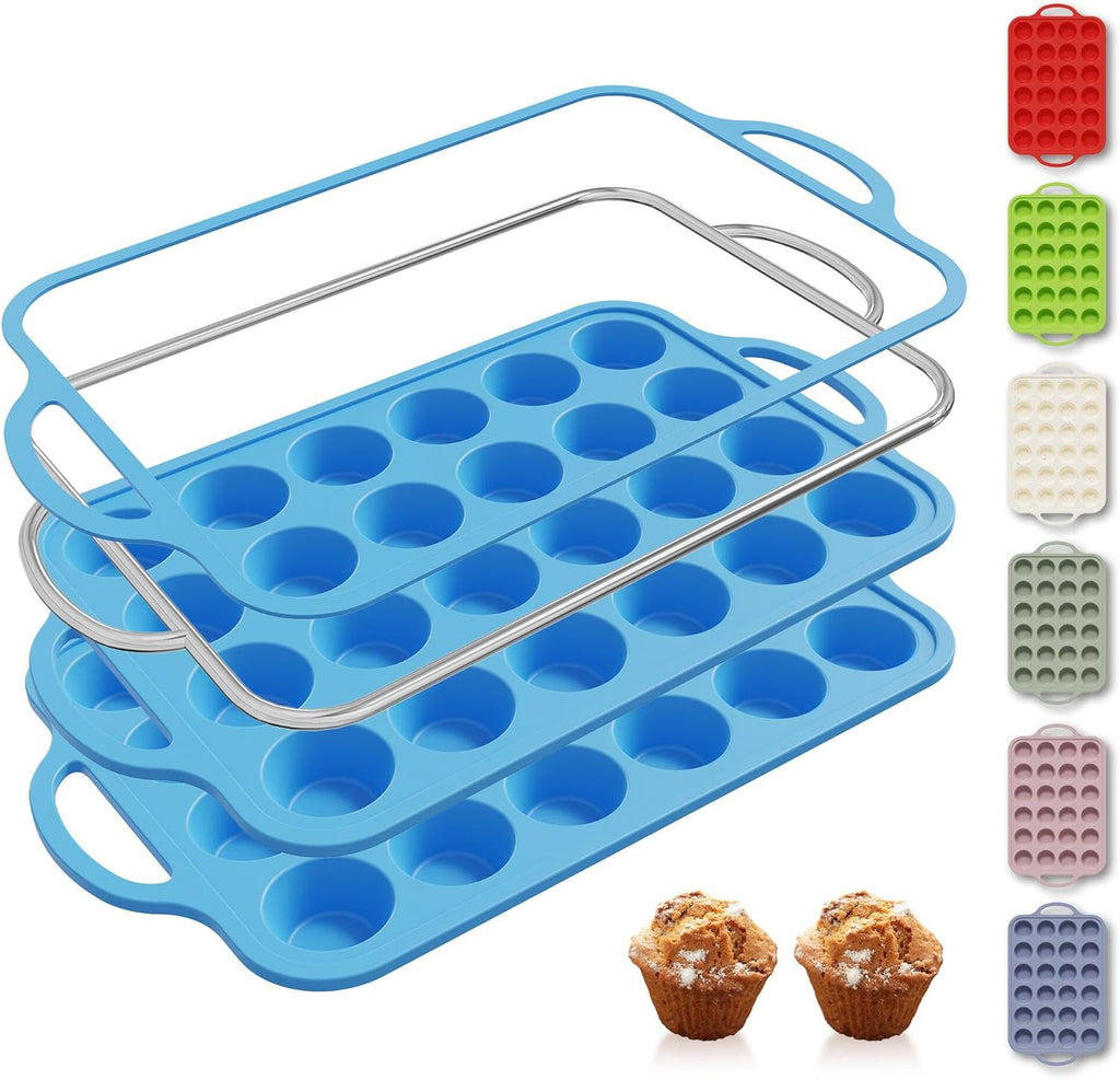 2 Packs 24 Cups Silicone Muffin Pan with Metal Reinforced Frame Mini Size Cupcake Pan Tray Egg Bites Cookie Molds Muffin Tin Tart Pans chocoflan mold Baking Sheet Set Breakfast Sandwiches