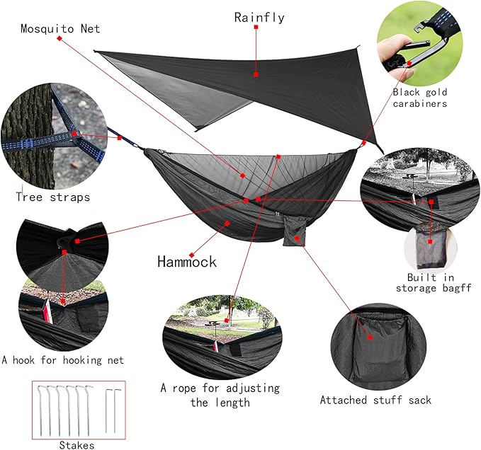 Oversized rain Tarpaulin,Camping Hammock with Mosquito Net Rain Fly Heavy Duty Tree Strap,Single Double Hammock Tent Waterproof Rainfly Set,Camping Backpacking Backyard Patio Hiking Travel Outdoor