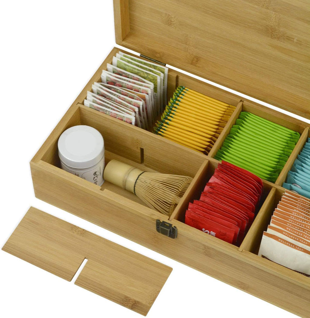 Bamboo Tea Organizer Box Chemical Free Eco-Friendly Big, Tall, Adjustable Cubbies Natural Wooden Storage Chest (8-Slot 14.3" x 8.1" x 4.2" Blank)