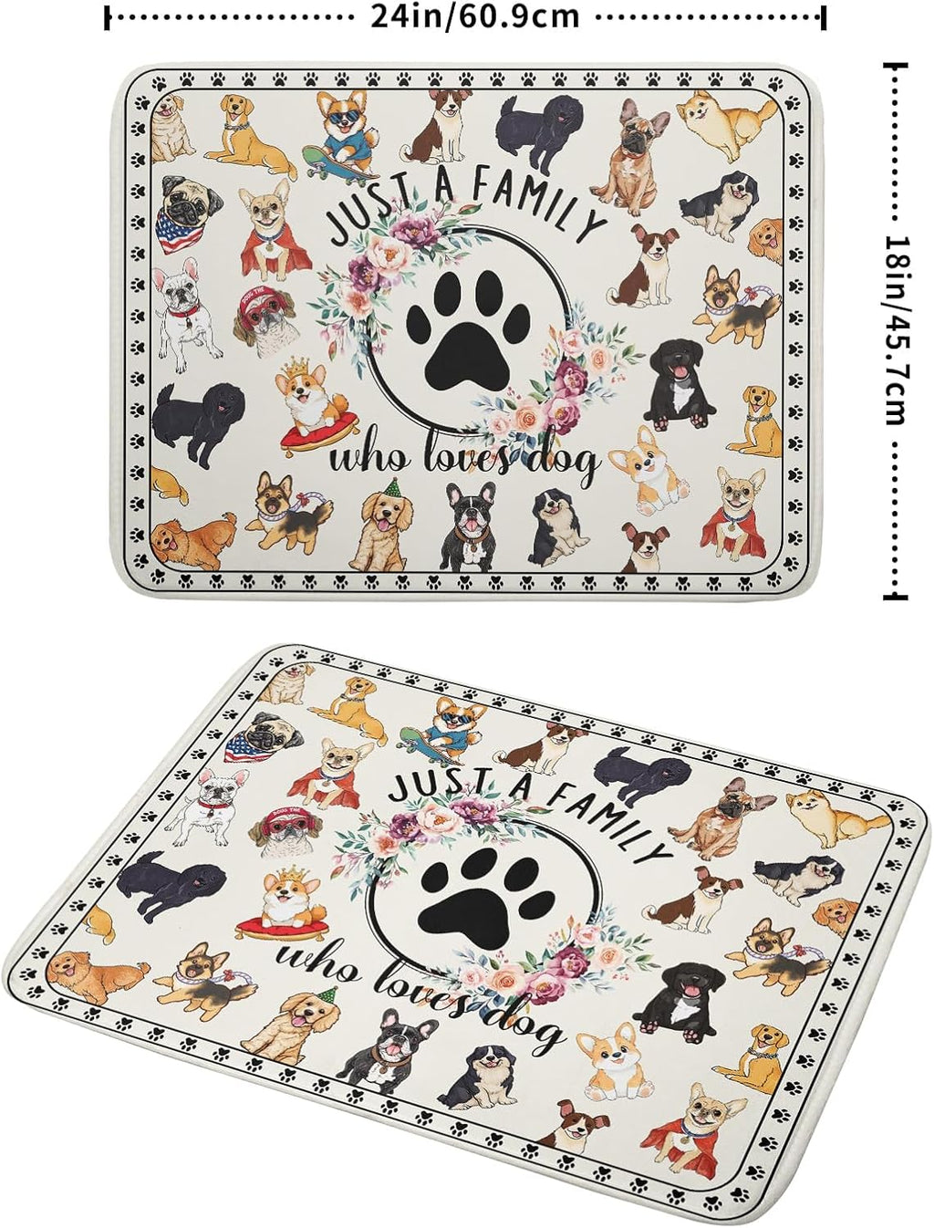 Dog Family Dish Drying Mat Cartoon Pet 18 X 24 in Absorbent Printed Drying Pad for Dog Lover