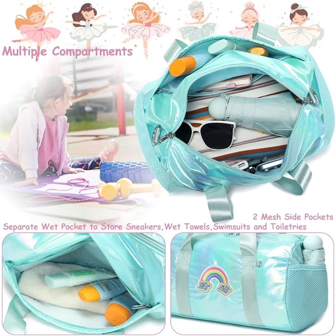 Dance Bag for Girls Dancers Ballet Bag Shiny Rainbow Sports Duffle Bag for Girls Ballerina Gym Duffle with Wet Pocket and Adjustable Shoulder Strap