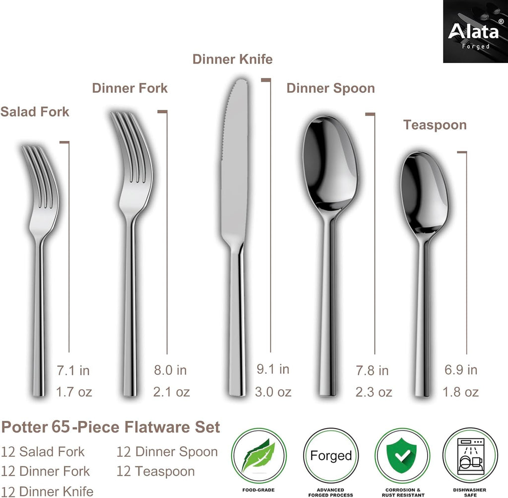 Alata Potter 65-Piece Forged Silverware Set, Service for 12 – Premium Stainless Steel Flatware Set, Modern Design with Satin Finish, Ideal for Home, Kitchen, Party, Camping