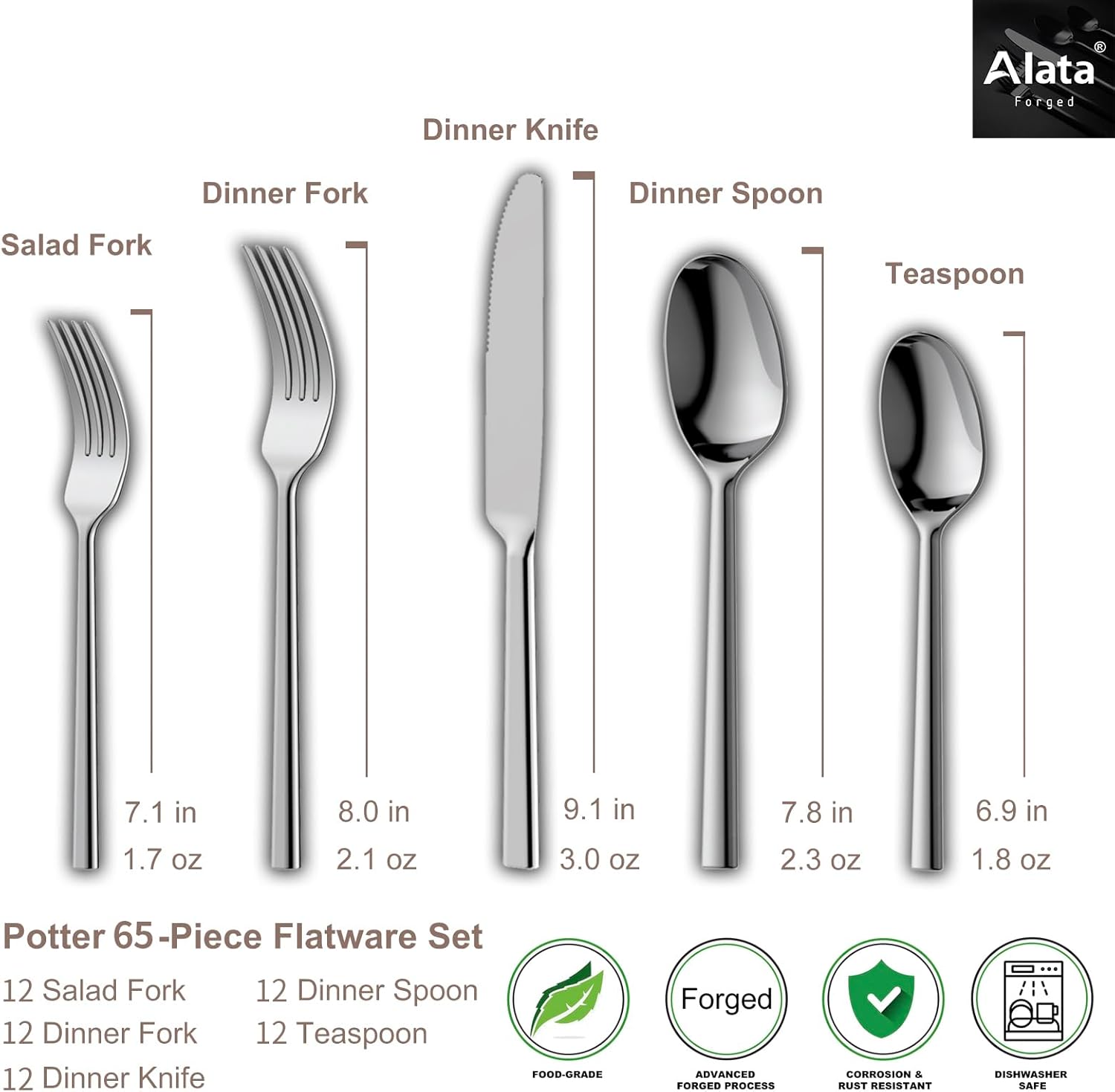 Alata Potter 65-Piece Forged Silverware Set, Service for 12 – Premium Stainless Steel Flatware Set, Modern Design with Satin Finish, Ideal for Home, Kitchen, Party, Camping