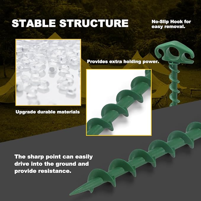 Tent Stakes Sand Stakes for Beach Tent 6 Pack Spiral Anchor Stakes 9.4 Inch Heavy Duty Screw Canopy Stakes for Camping, Hiking and More (6, Green)