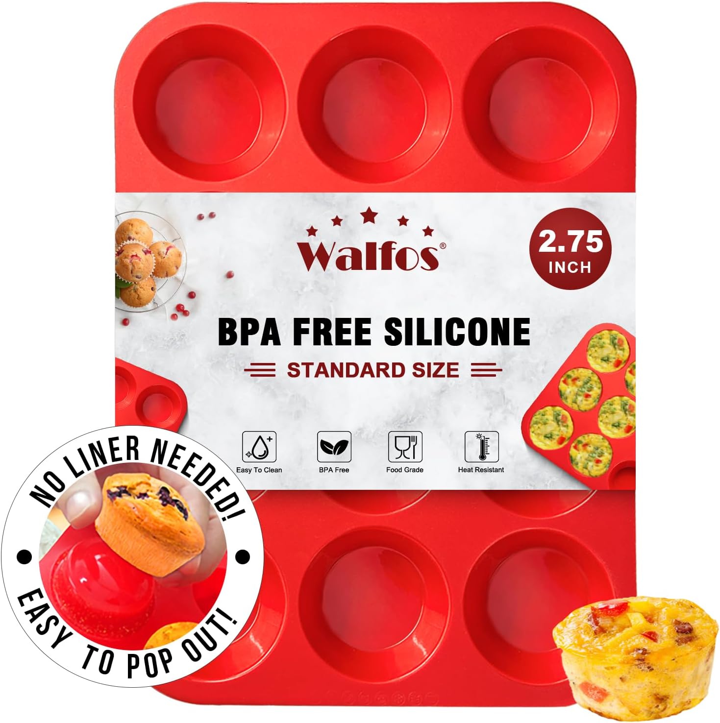 Walfos Silicone Muffin Pan - 12 Cups Regular Silicone Cupcake Pan, Non-stick Great for Making Muffin Cakes, Tart, Bread - BPA Free and Dishwasher Safe