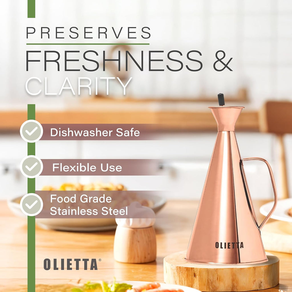 Olive Oil Dispenser Bottle Copper Stainless Steel Non Drip Leak Proof No Mess Vinegar Pourer & Kitchen Drizzler 25 oz 750ML 0.75 Litre Great for Pouring & Drizzling Easy to Clean & Leakproof