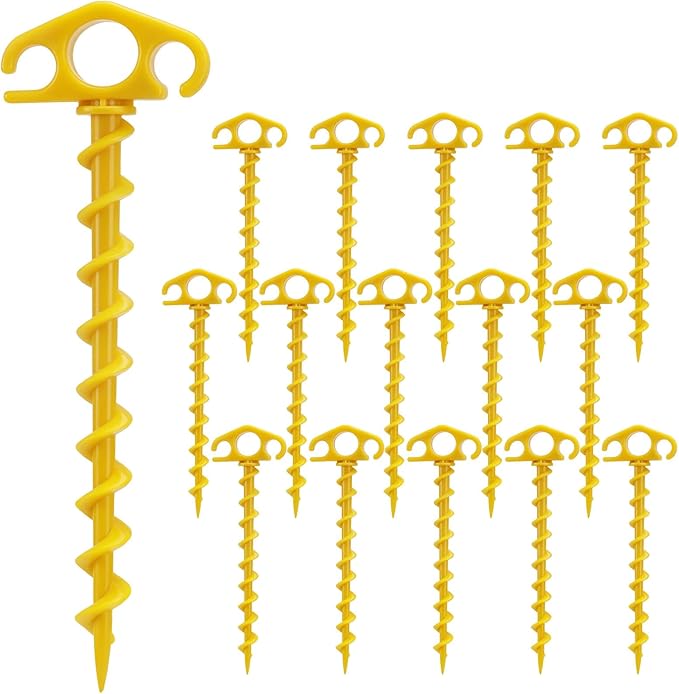 Tent Stakes Sand Stakes for Beach Tent 16 Pack Spiral Anchor Stakes 9.4 Inch Heavy Duty Screw Canopy Stakes for Camping, Hiking and More (16, Yellow)