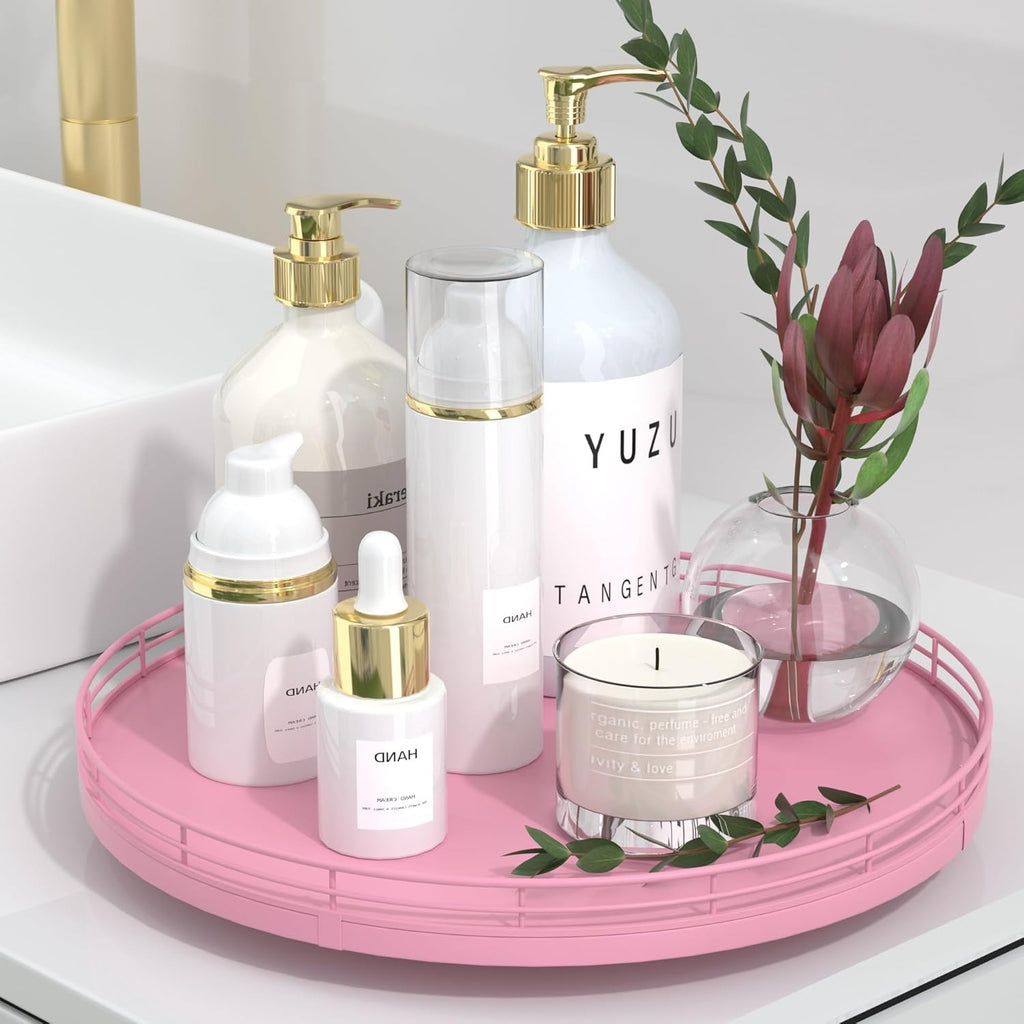 12" Oak Wood Bathroom Tray for Counter, Vanity Tray for Perfume Lotion Candle Makeup Jewelry Sink Soap Holder Turntable Dresser Organizer Countertop Coffee Table Decor Organization and Storage Pink