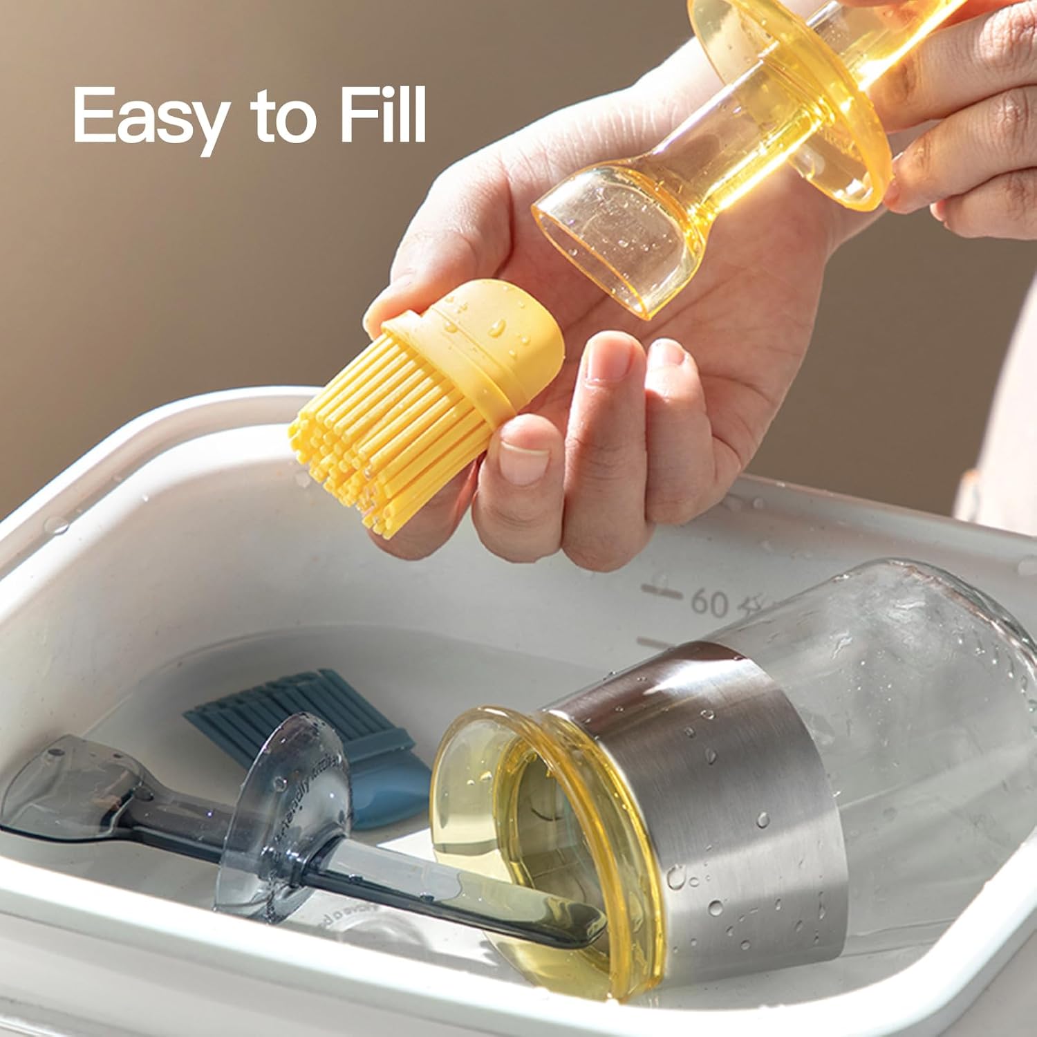 Oil Bottle Brush, 9 oz Olive Dispenser Bottle with Brush,Silicone Basting Brush Oil Separator for Cooking, Glass Oil Dispenser for Kitchen Barbecue Sauce Grill Frying (Yellow,270 ml)